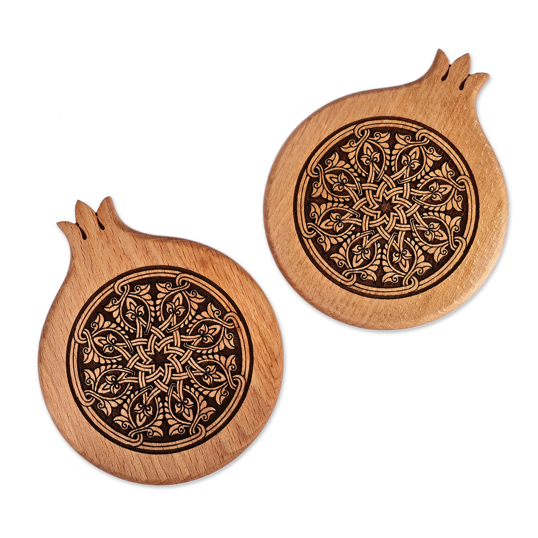 Pair of Pomegranate-Shaped Beechwood Coasters - Pomegranate Elixir