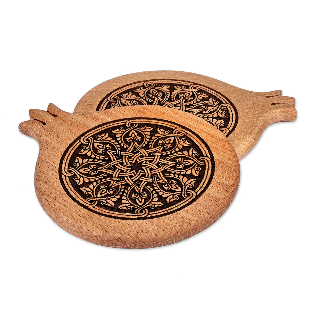 Pair of Pomegranate-Shaped Beechwood Coasters - Pomegranate Elixir