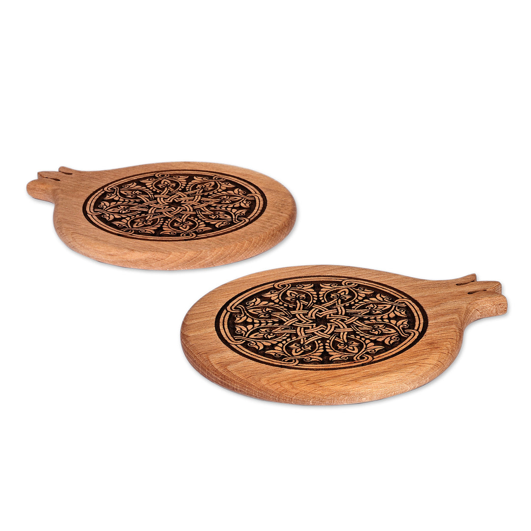 Pair of Pomegranate-Shaped Beechwood Coasters - Pomegranate Elixir