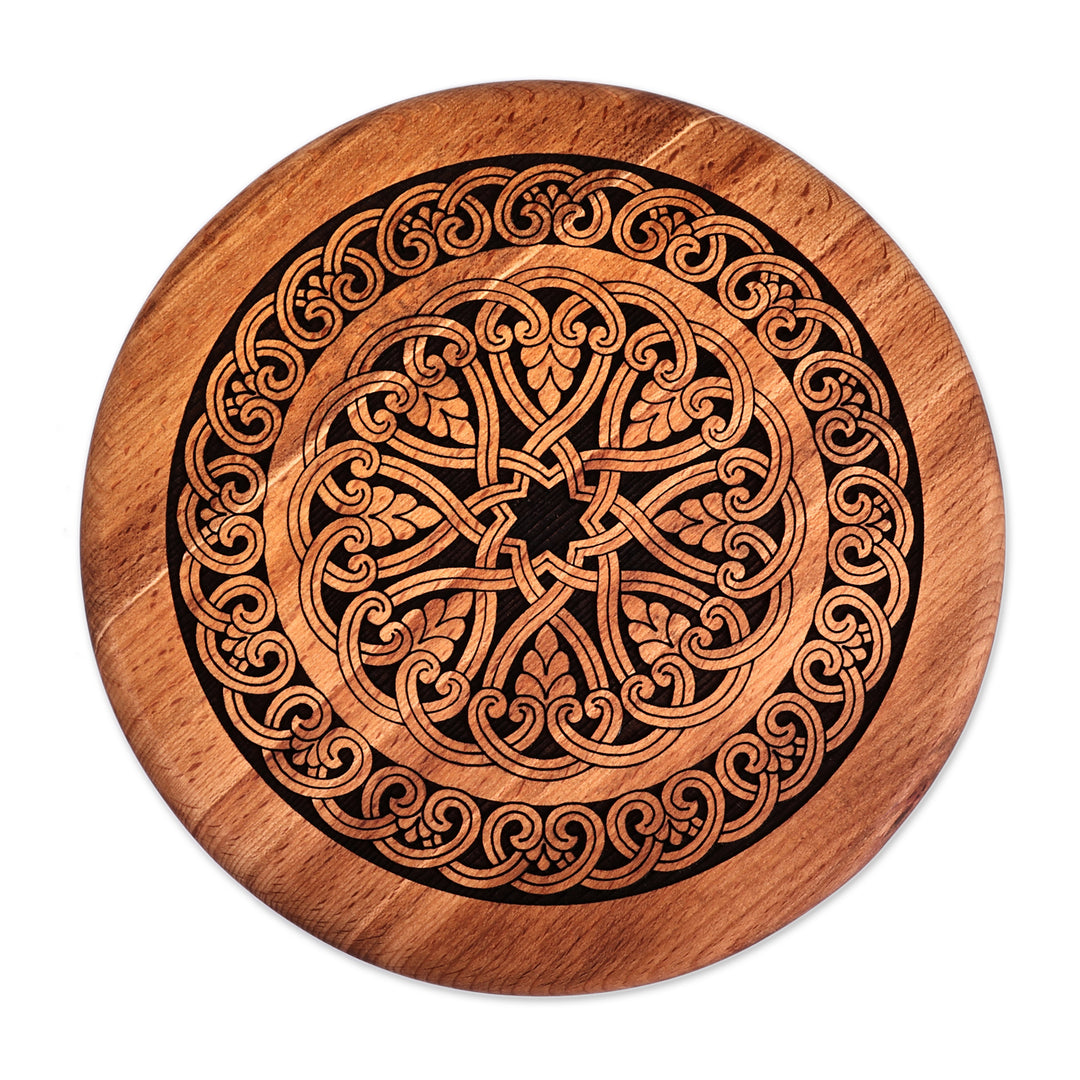 Armenian Hand-Carved Round Leafy-Patterned Beechwood Trivet - Timeless Delight