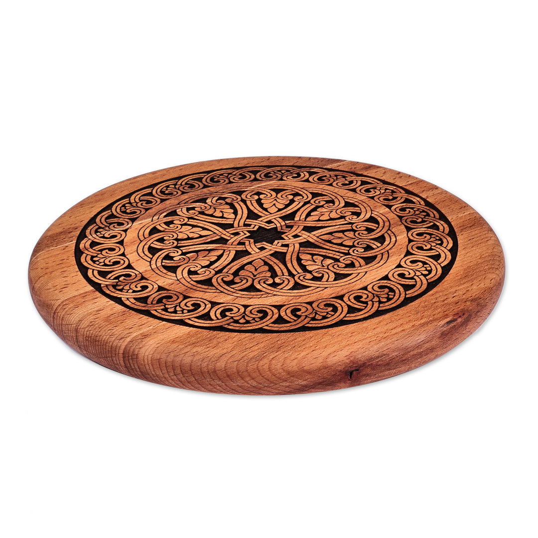 Armenian Hand-Carved Round Leafy-Patterned Beechwood Trivet - Timeless Delight