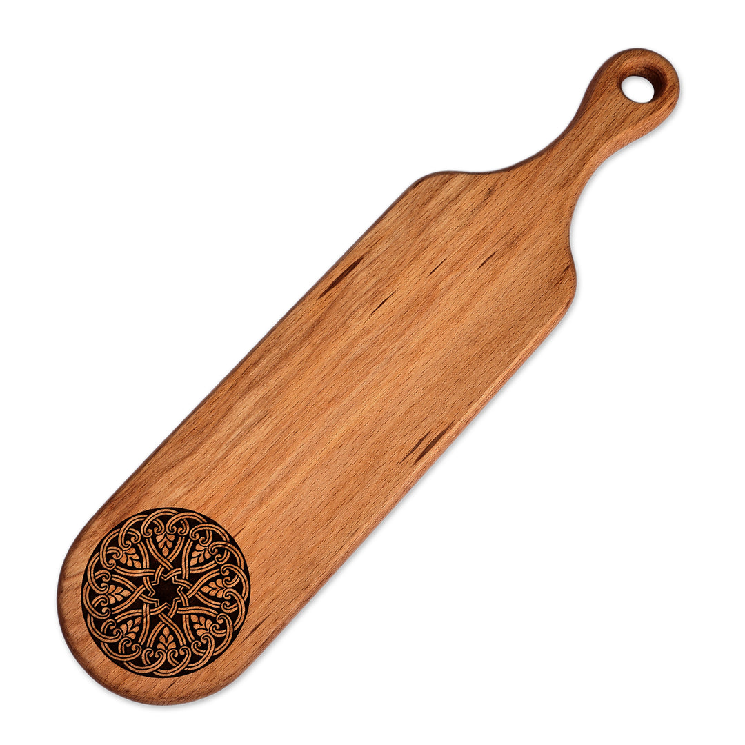 Hand-Carved Leafy Oblong-Shaped Beechwood Trivet with Handle - Regal Flavors
