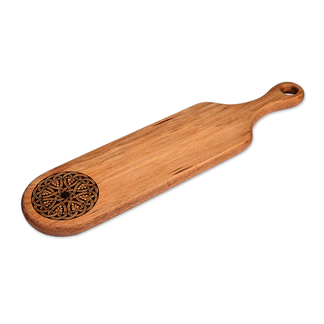 Hand-Carved Leafy Oblong-Shaped Beechwood Trivet with Handle - Regal Flavors
