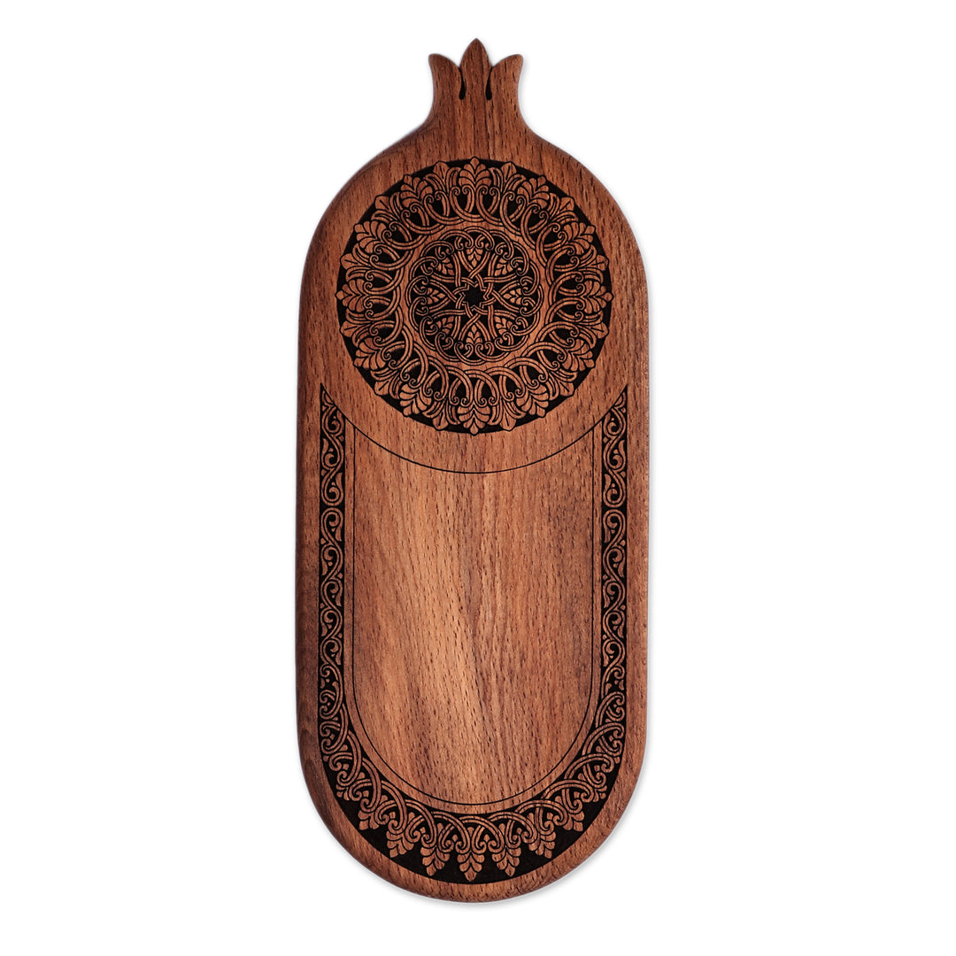 Handmade Oblong-Shaped Pomegranate-Themed Beechwood Trivet - Classic Ambrosia