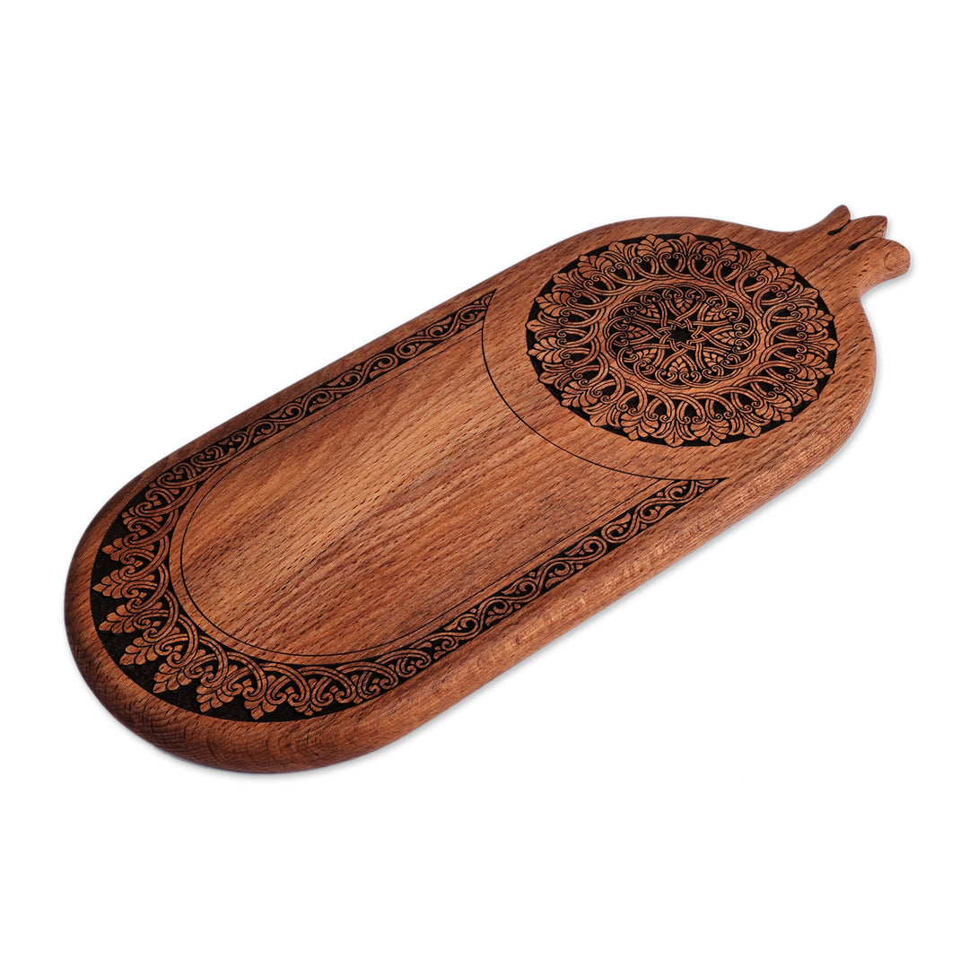 Handmade Oblong-Shaped Pomegranate-Themed Beechwood Trivet - Classic Ambrosia