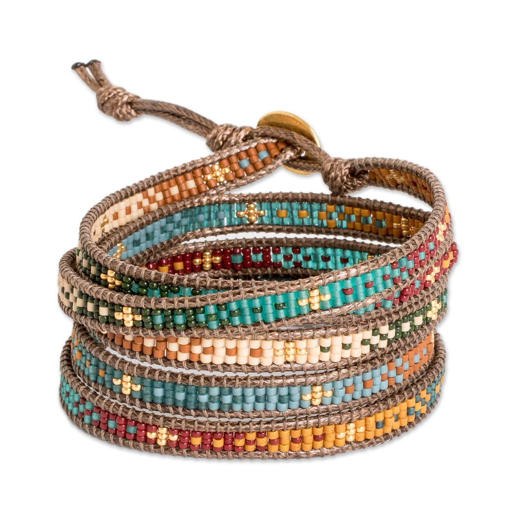 Handcrafted Glass Beaded Wrap Bracelet with Pewter Button - Cerro de la Cruz in Brown