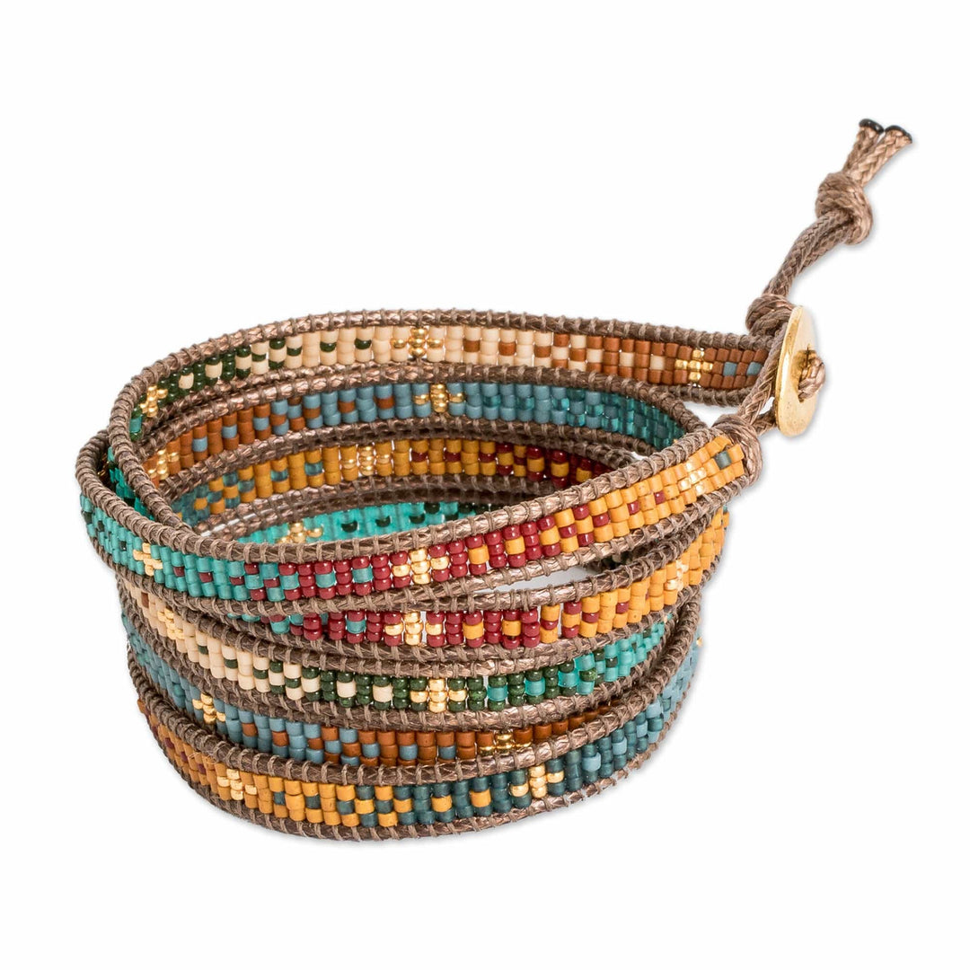 Handcrafted Glass Beaded Wrap Bracelet with Pewter Button - Cerro de la Cruz in Brown