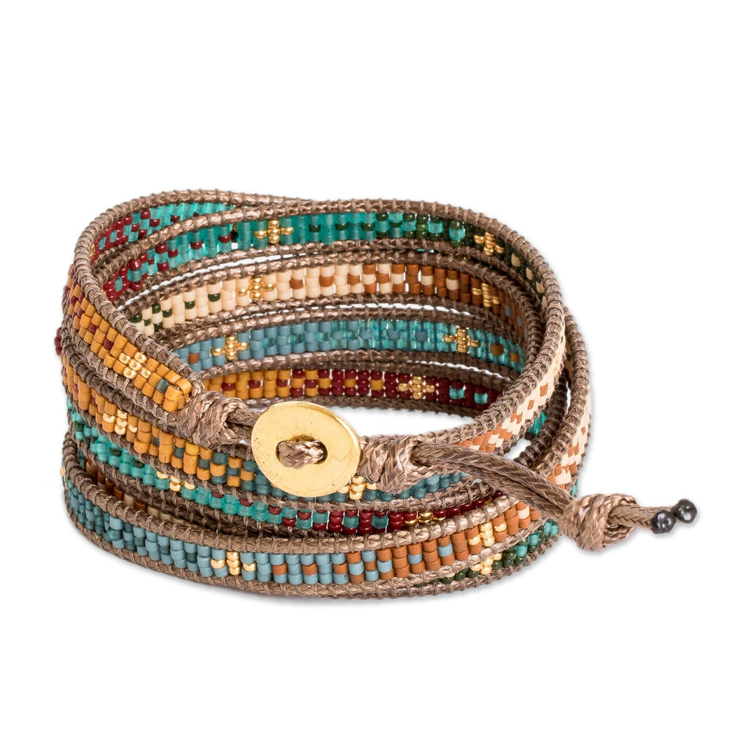Handcrafted Glass Beaded Wrap Bracelet with Pewter Button - Cerro de la Cruz in Brown