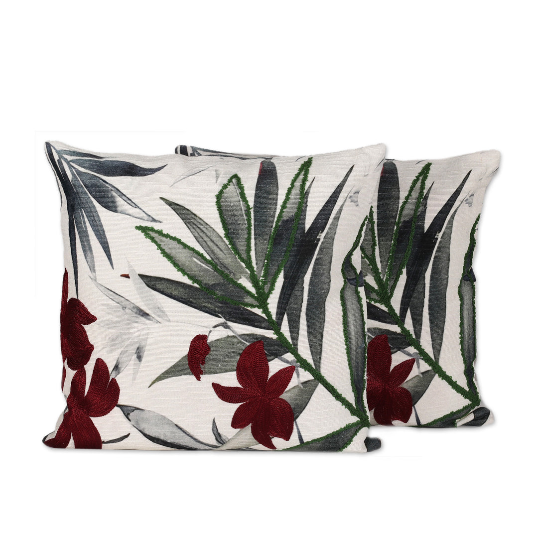 Pair of Leafy and Floral Embroidered Cotton Cushion Covers - Blissful Jungle