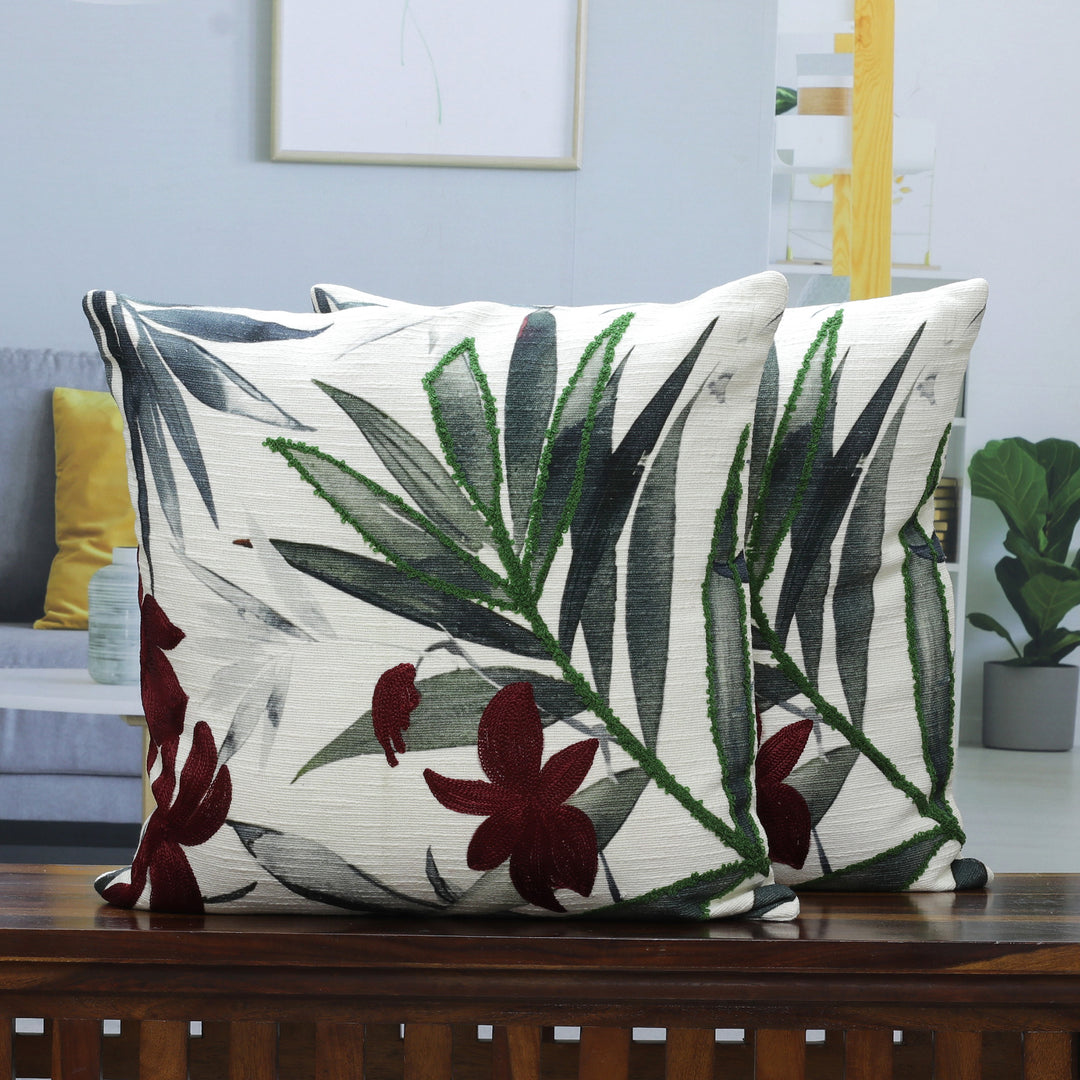 Pair of Leafy and Floral Embroidered Cotton Cushion Covers - Blissful Jungle