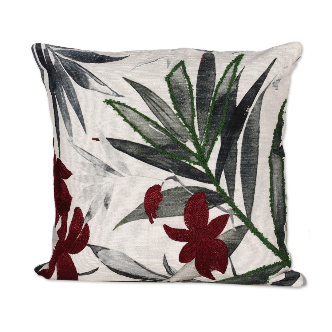Pair of Leafy and Floral Embroidered Cotton Cushion Covers - Blissful Jungle