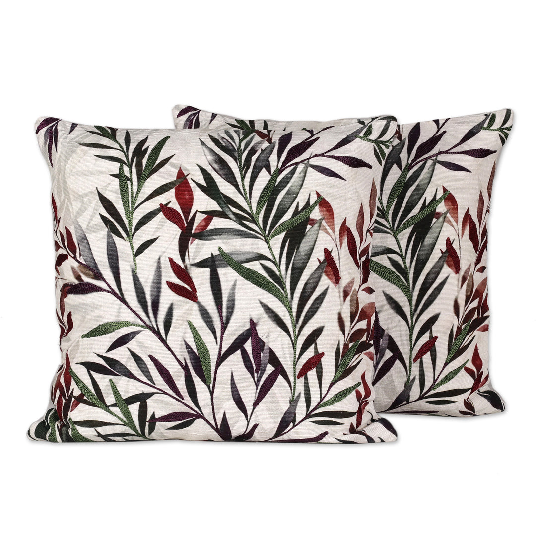 Pair of Leafy Aari Embroidered Cotton Cushion Covers - Scarlet Scape