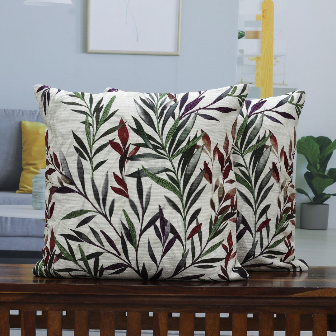 Pair of Leafy Aari Embroidered Cotton Cushion Covers - Scarlet Scape