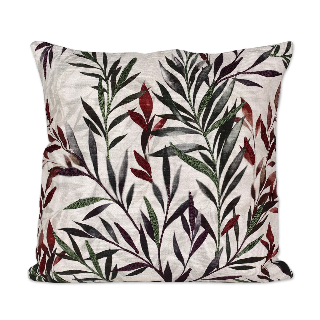Pair of Leafy Aari Embroidered Cotton Cushion Covers - Scarlet Scape