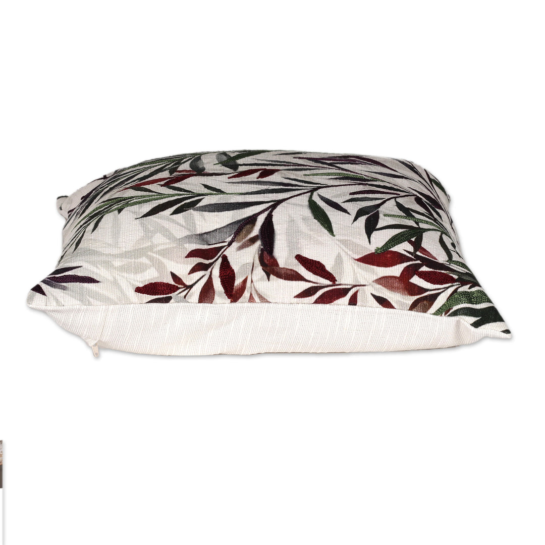 Pair of Leafy Aari Embroidered Cotton Cushion Covers - Scarlet Scape