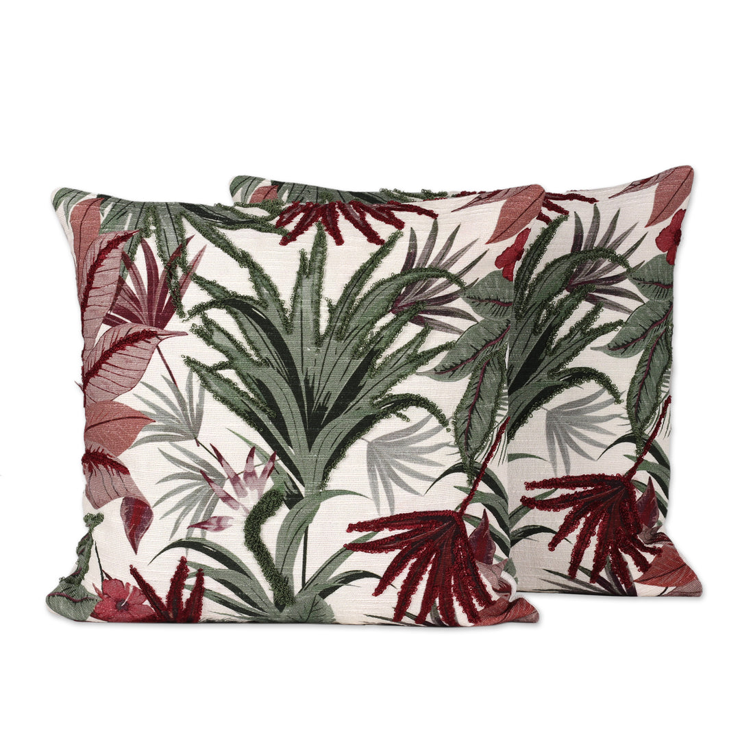 Pair of Embroidered Green and Red Cotton Cushion Covers - Vermilion Nature
