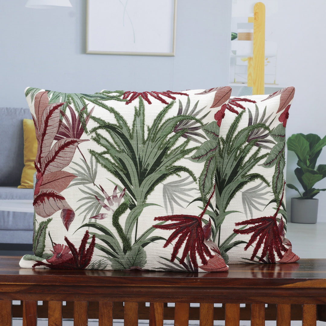 Pair of Embroidered Green and Red Cotton Cushion Covers - Vermilion Nature