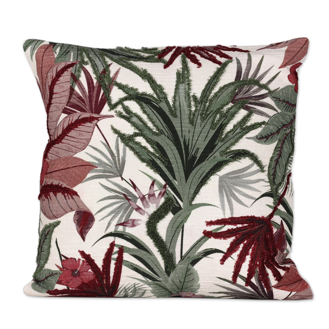 Pair of Embroidered Green and Red Cotton Cushion Covers - Vermilion Nature