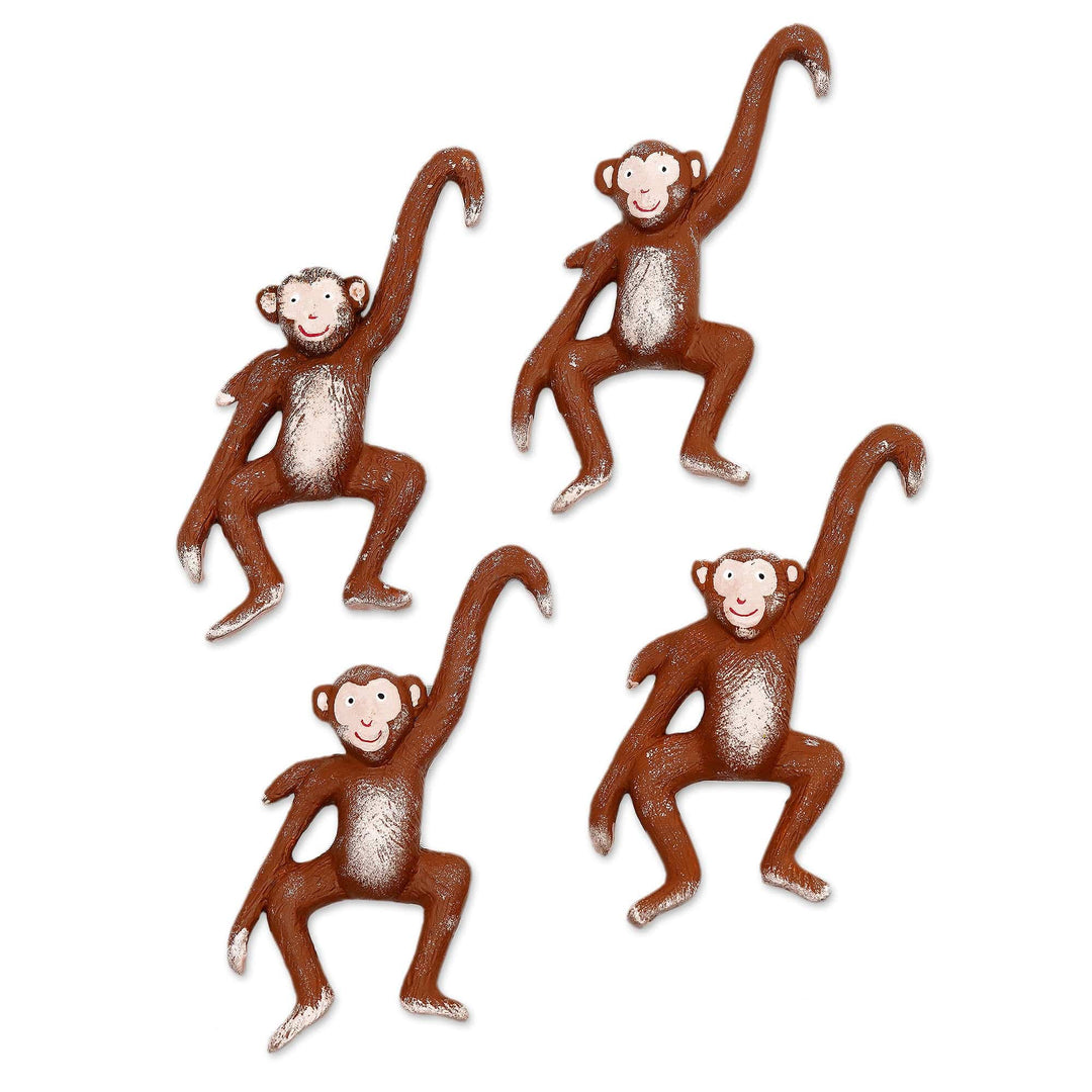 4 Hand-Painted Wooden Monkey Christmas Ornaments from Bali - Monkey Business