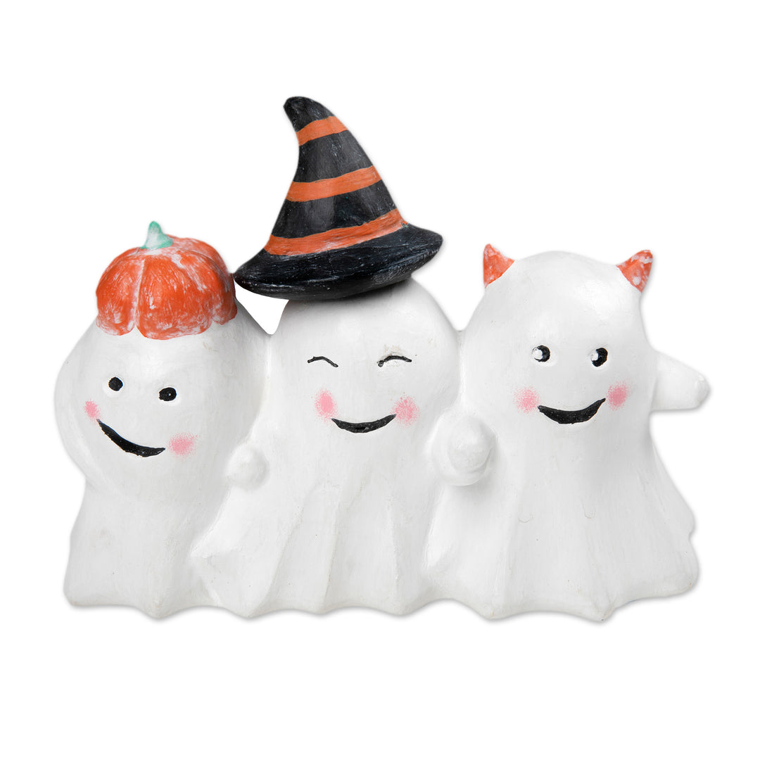 Halloween-Themed Distressed Wood Sculpture of Three Ghosts - Cheeky Halloween Trio