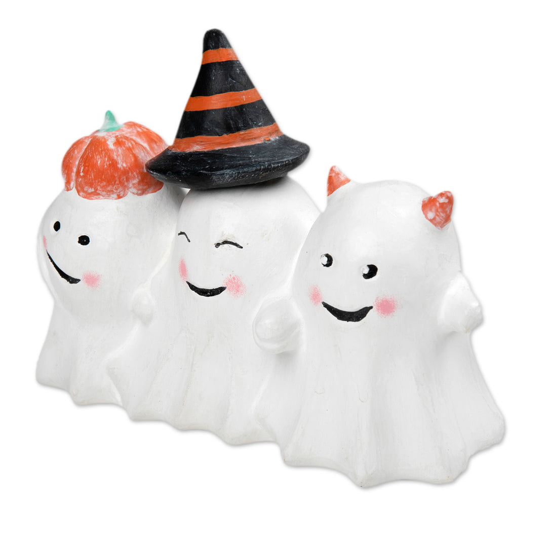 Halloween-Themed Distressed Wood Sculpture of Three Ghosts - Cheeky Halloween Trio