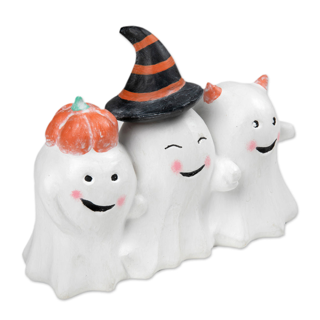 Halloween-Themed Distressed Wood Sculpture of Three Ghosts - Cheeky Halloween Trio