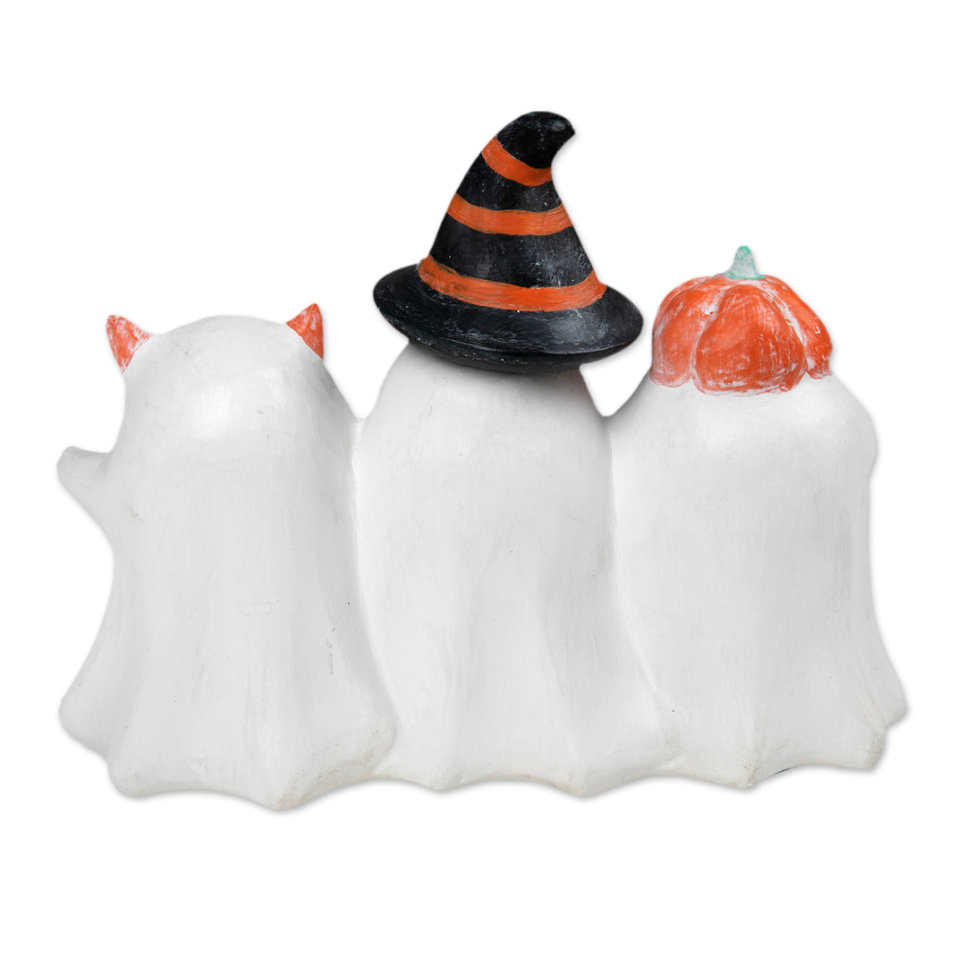 Halloween-Themed Distressed Wood Sculpture of Three Ghosts - Cheeky Halloween Trio