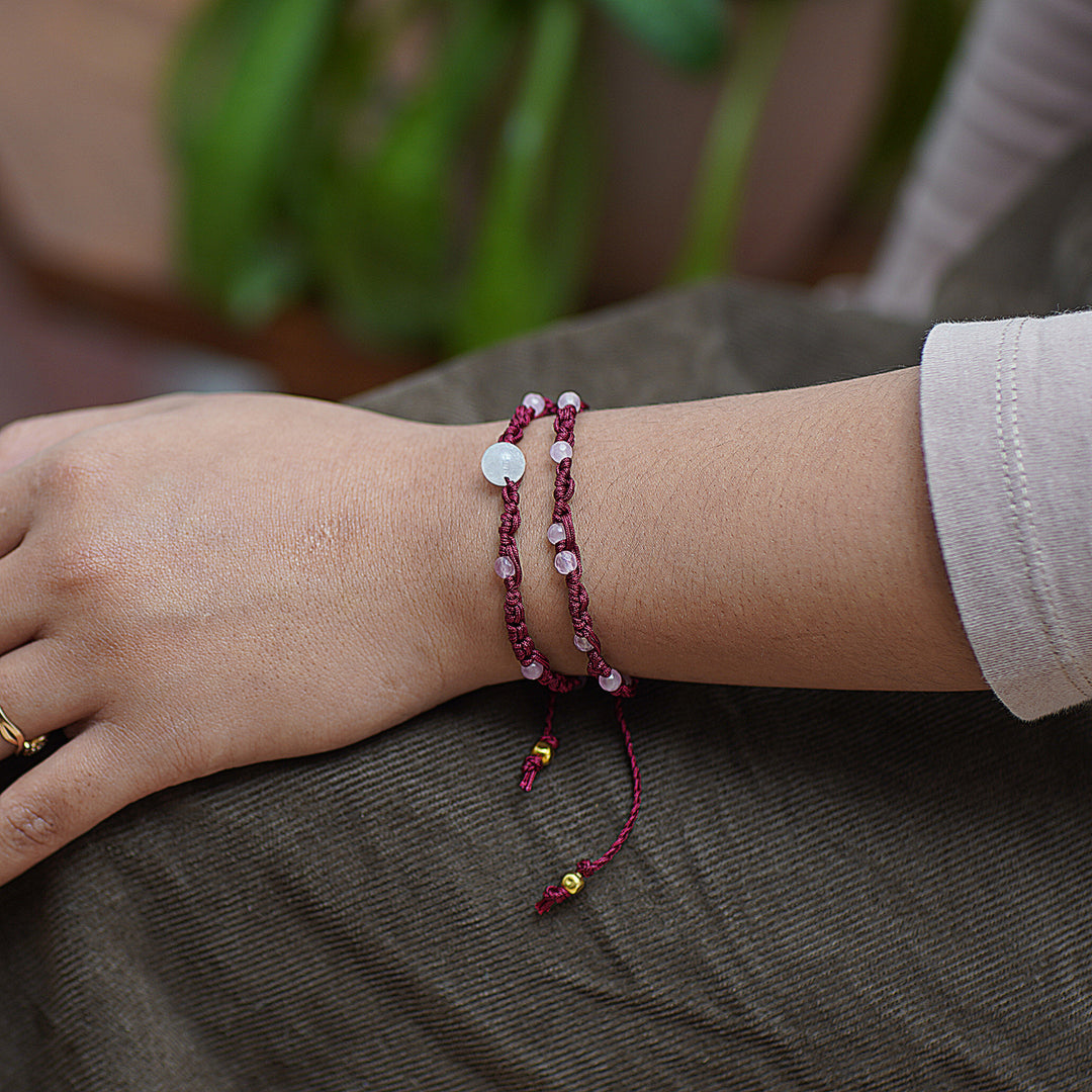 Rose Quartz and Rainbow Moonstone Macrame Wrap Bracelet - Pure Glam
