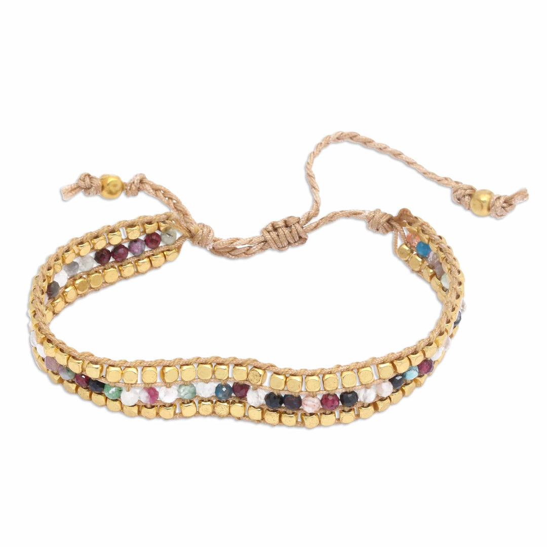 Gold-Accented Adjustable Fluorite Beaded Wristband Bracelet - Boho Beauty