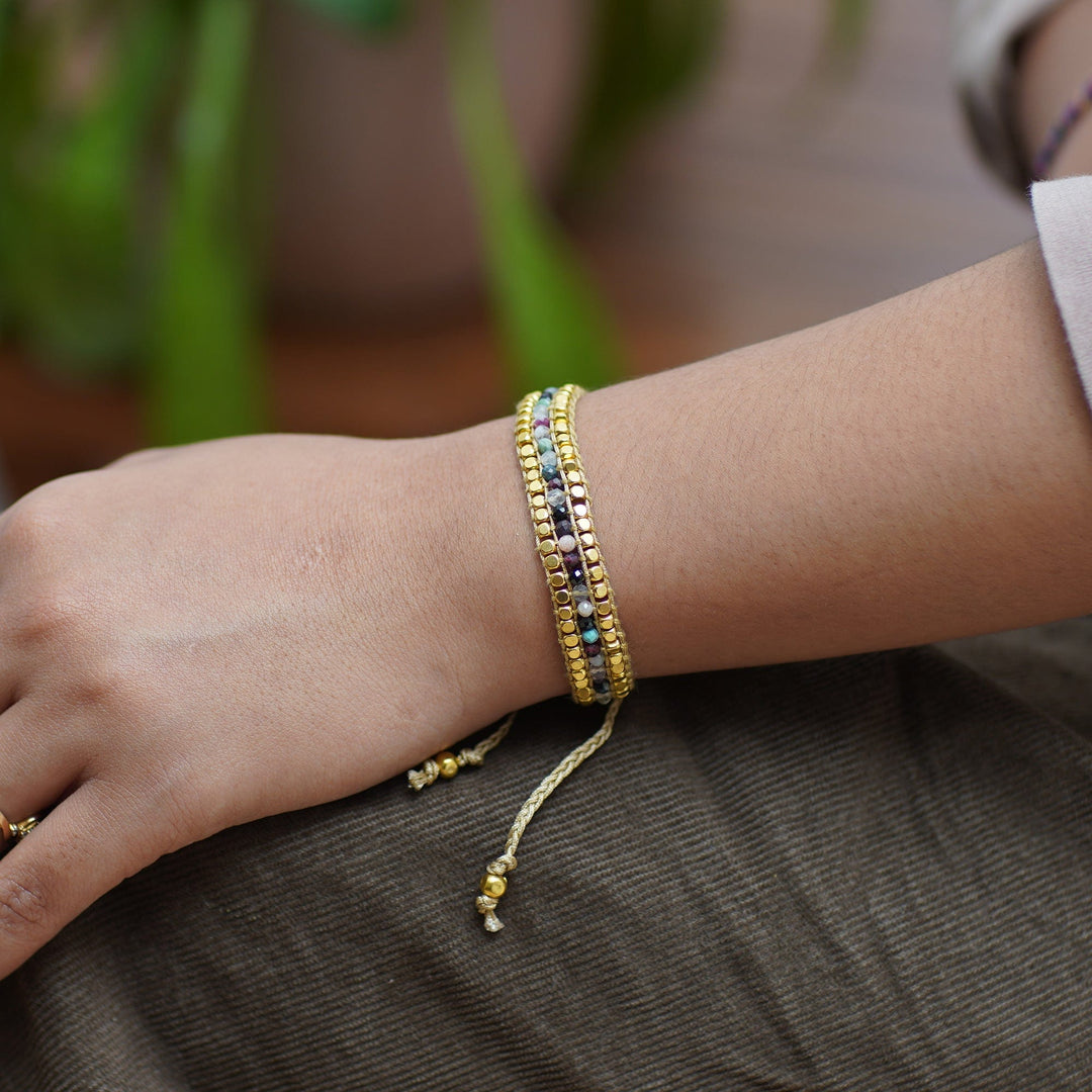 Gold-Accented Adjustable Fluorite Beaded Wristband Bracelet - Boho Beauty