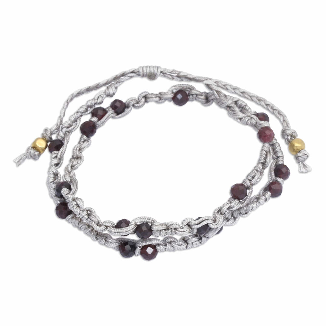 Garnet Macrame Wrap Bracelet with Gold-Plated Brass Beads - Pure Flair