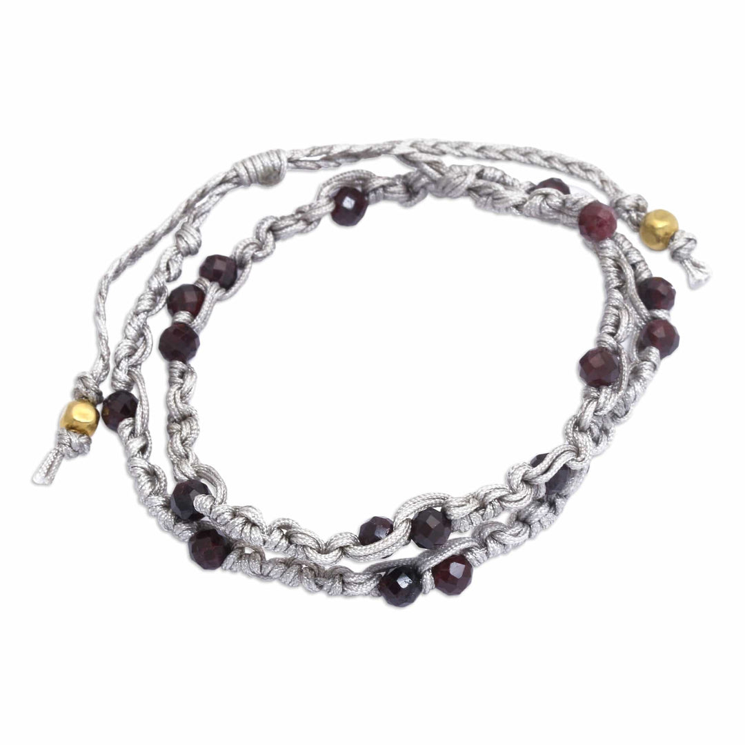 Garnet Macrame Wrap Bracelet with Gold-Plated Brass Beads - Pure Flair