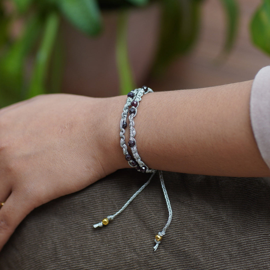 Garnet Macrame Wrap Bracelet with Gold-Plated Brass Beads - Pure Flair