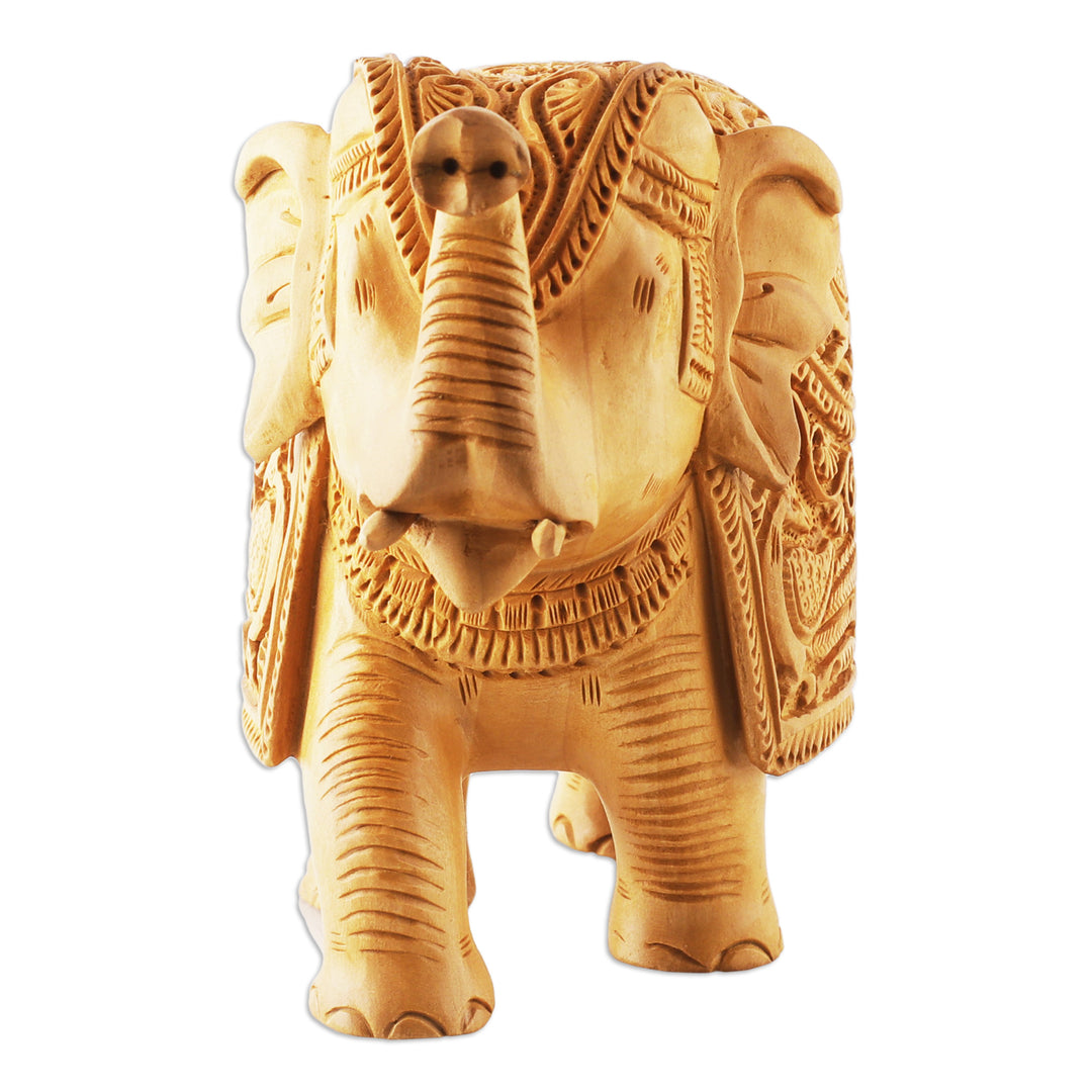 Traditional Regal Kadam Wood Elephant Sculpture from India - Maharaja's Majesty
