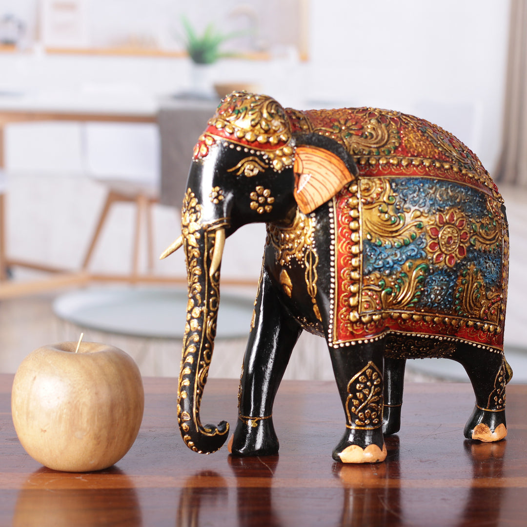 Traditional Hand-Painted Neem Wood Royal Elephant Sculpture - Majesty of the Wild