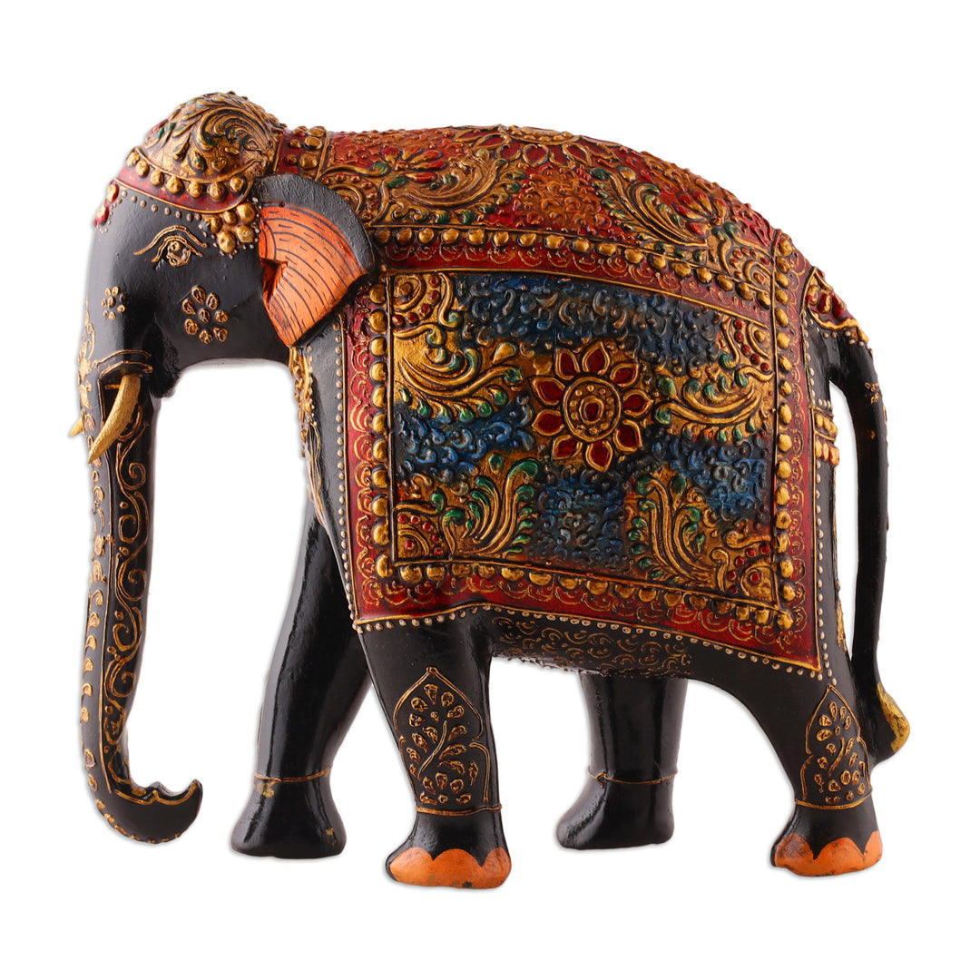 Traditional Hand-Painted Neem Wood Royal Elephant Sculpture - Majesty of the Wild