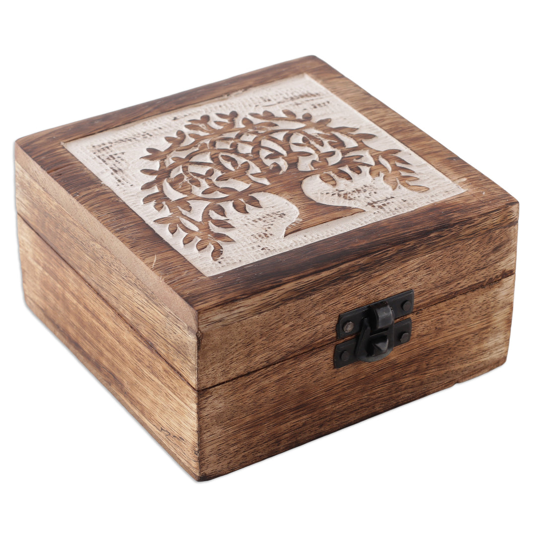 Tree of Life Mango Wood Decorative Box in a Burnt Finish - Petite Prosperity