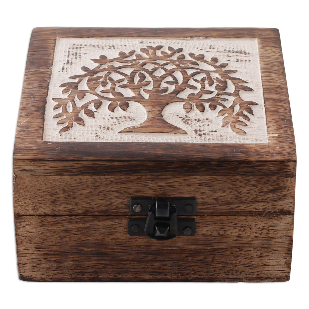 Tree of Life Mango Wood Decorative Box in a Burnt Finish - Petite Prosperity