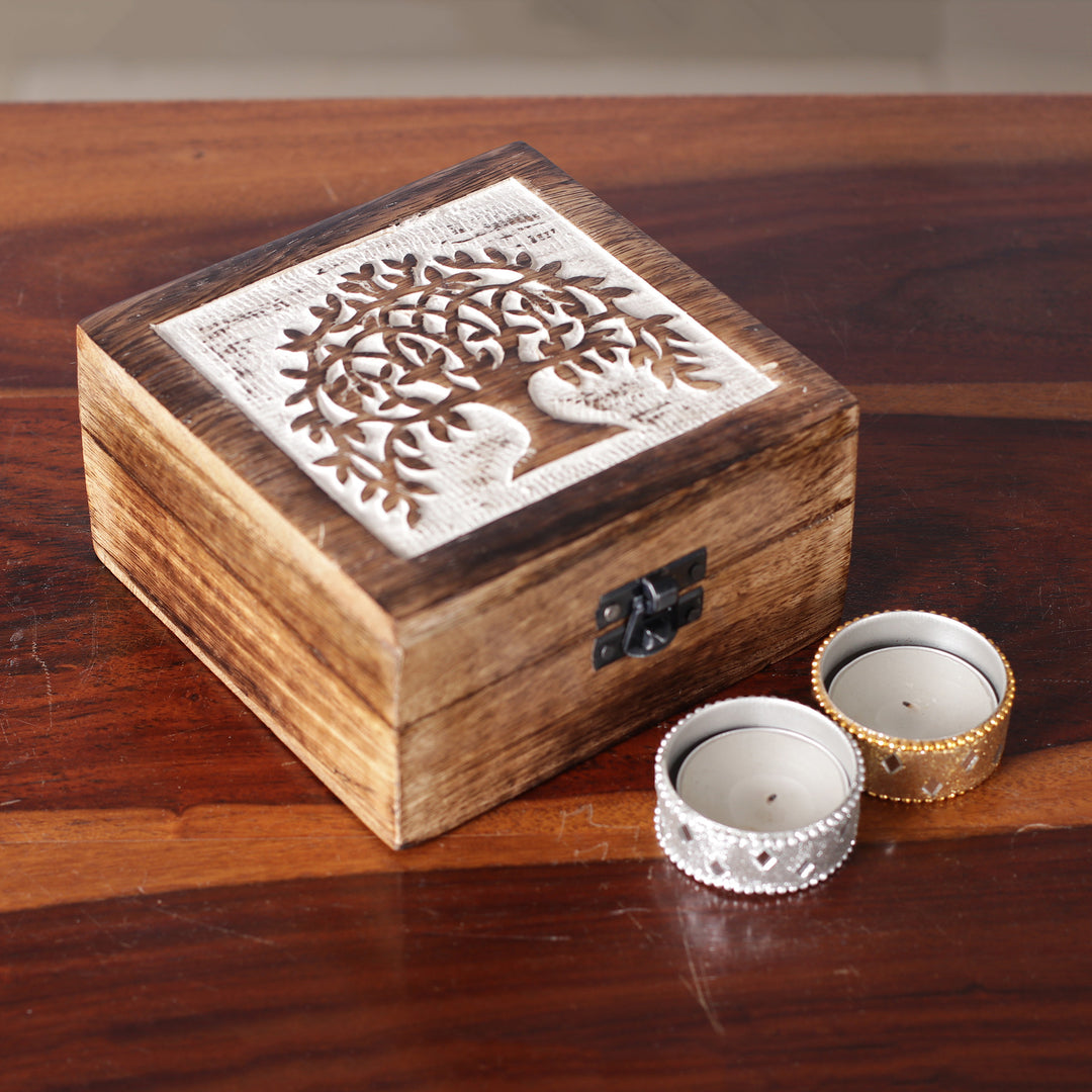Tree of Life Mango Wood Decorative Box in a Burnt Finish - Petite Prosperity
