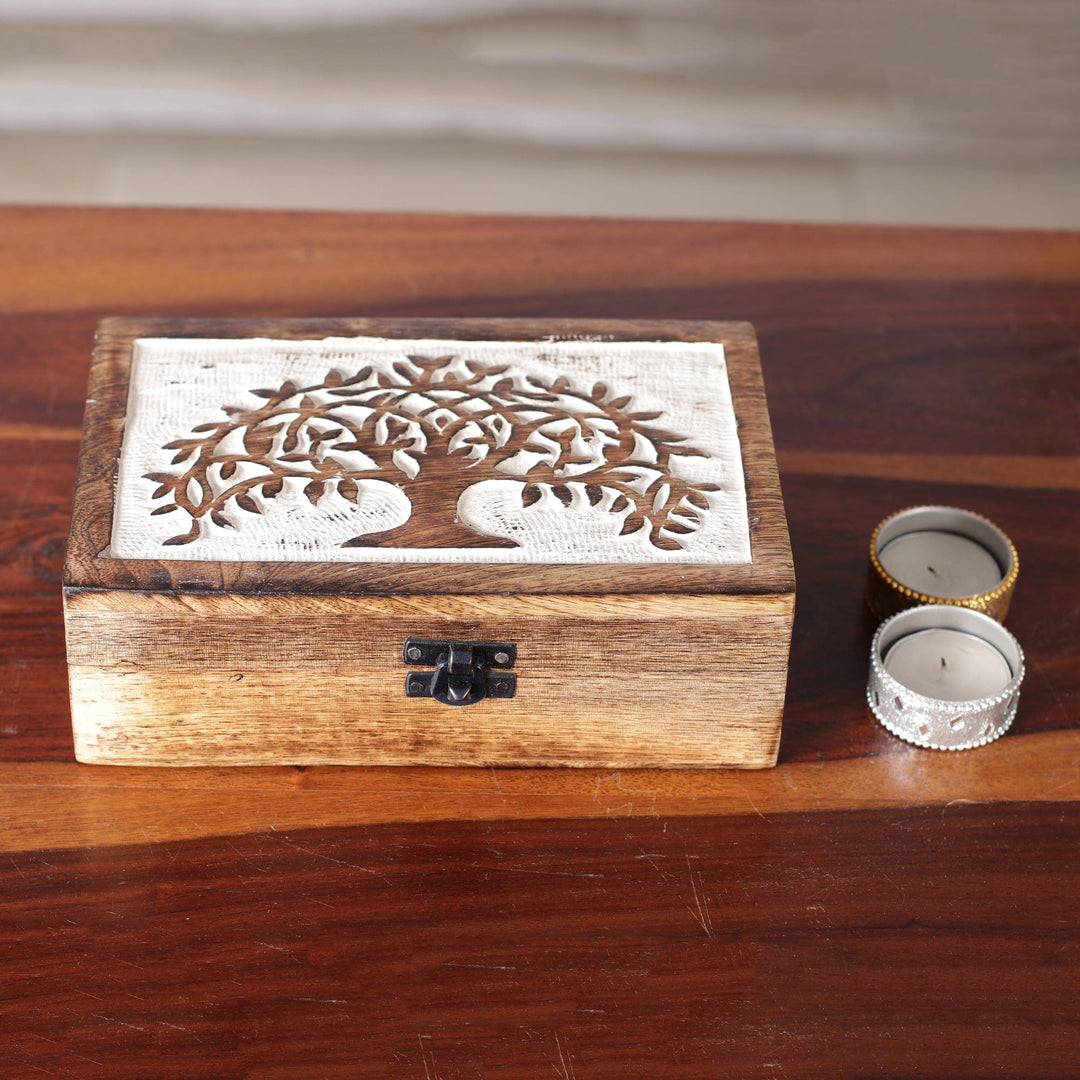 Burnt Finished Rectangular Tree of Life Wood Decorative Box - View of Prosperity