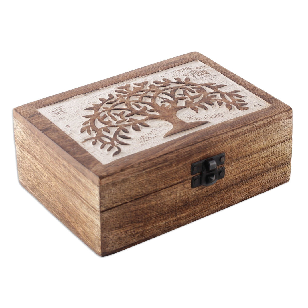Burnt Finished Rectangular Tree of Life Wood Decorative Box - View of Prosperity