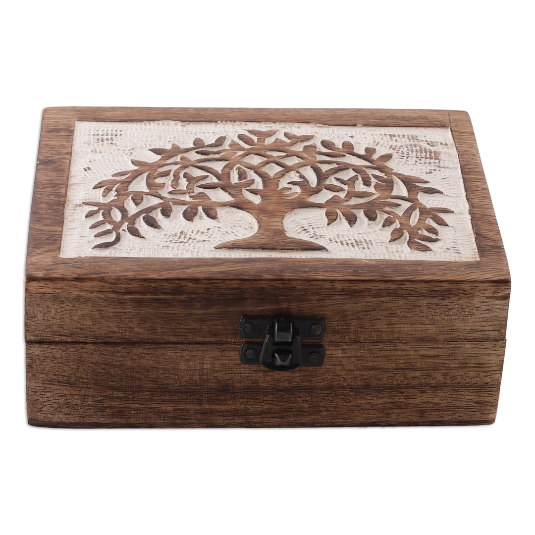 Burnt Finished Rectangular Tree of Life Wood Decorative Box - View of Prosperity