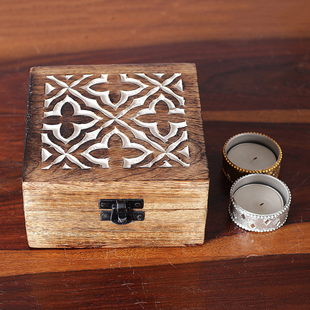 Hand-Carved Jaali-Inspired Floral Mango Wood Decorative Box - Floral Veil
