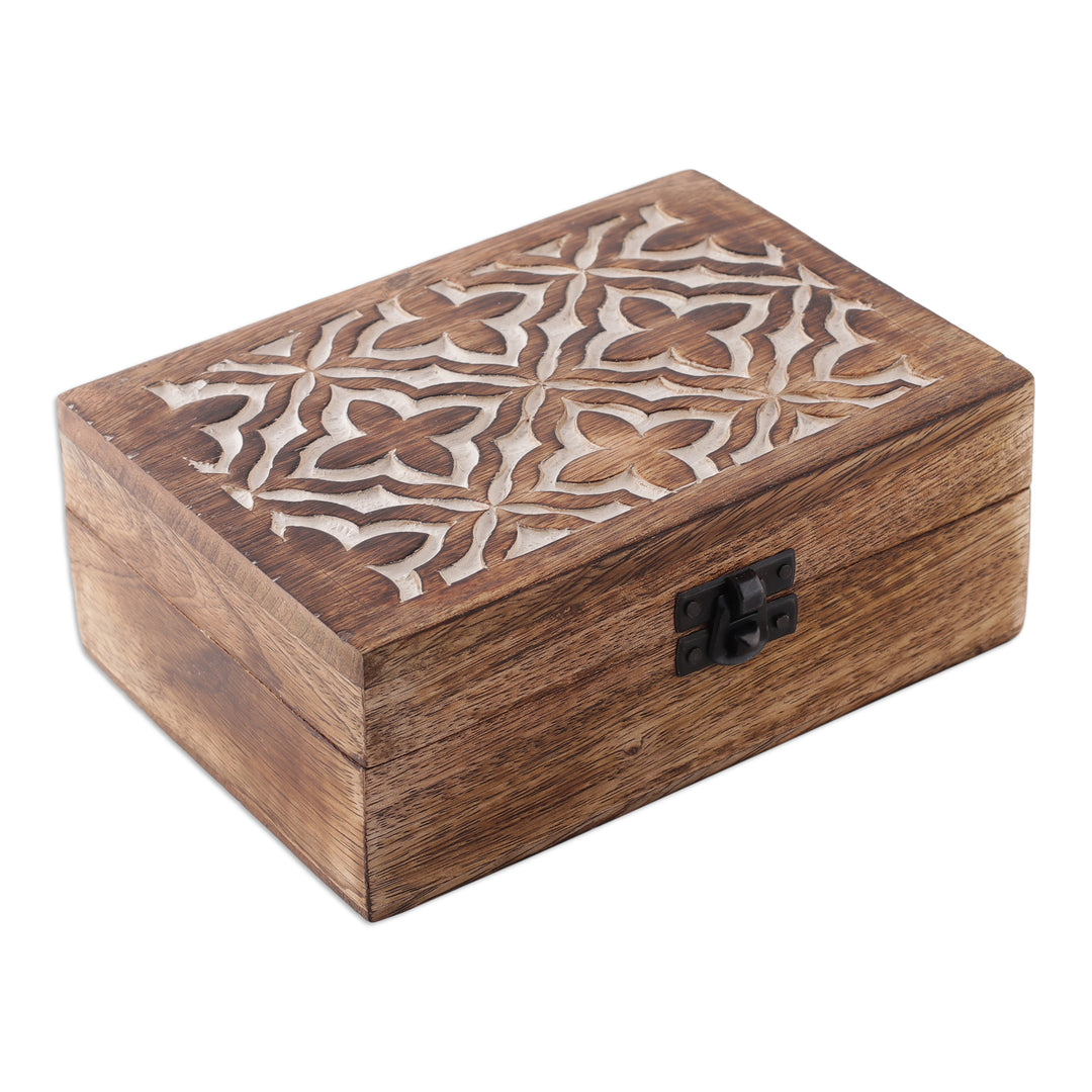 Hand-Carved Jaali-Inspired Floral Mango Wood Decorative Box - Floral Veil