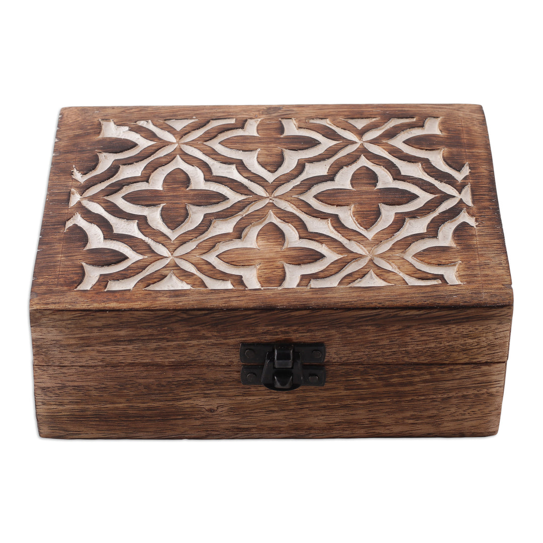Hand-Carved Jaali-Inspired Floral Mango Wood Decorative Box - Floral Veil