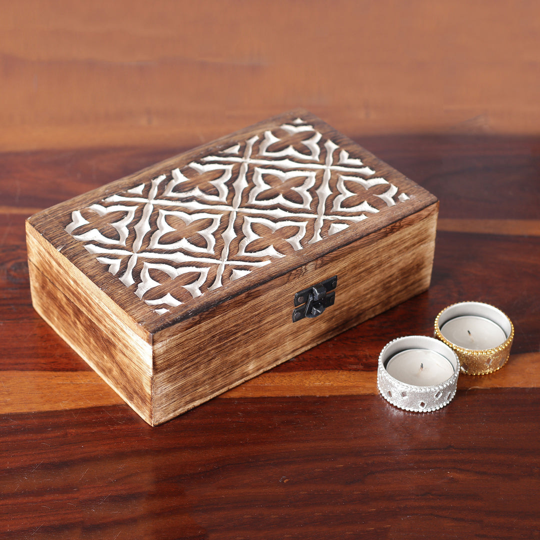 Jaali-Inspired Floral Rectangular Mango Wood Decorative Box - Floral Portal