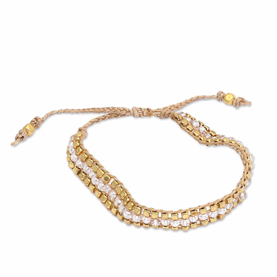 Gold-Accented Adjustable Crystal Beaded Wristband Bracelet - Boho Glam