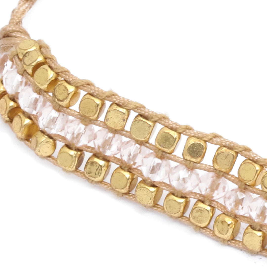 Gold-Accented Adjustable Crystal Beaded Wristband Bracelet - Boho Glam