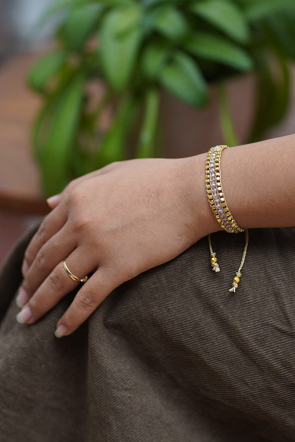 Gold-Accented Adjustable Crystal Beaded Wristband Bracelet - Boho Glam
