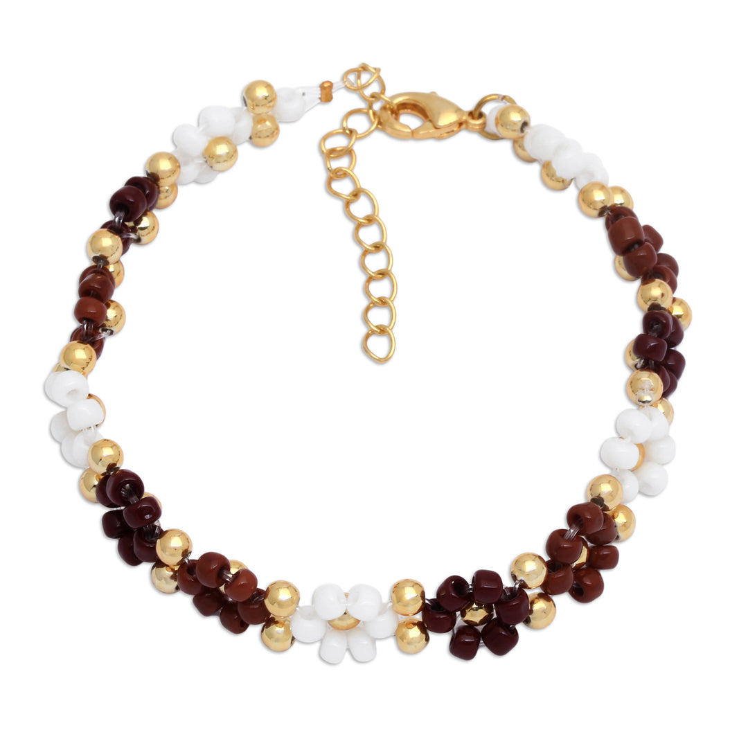 Floral Gold-Plated White and Brown Crystal Beaded Bracelet - Bohemian Prime